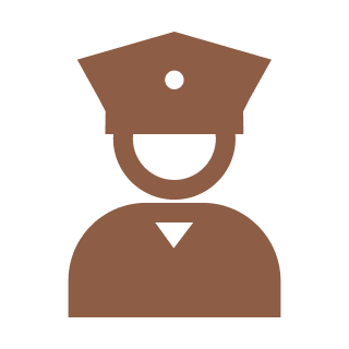 Police officer icon in brown on black.