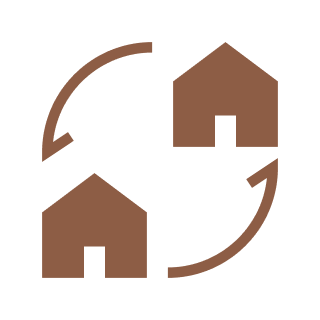 Two houses with circular arrows, black background.
